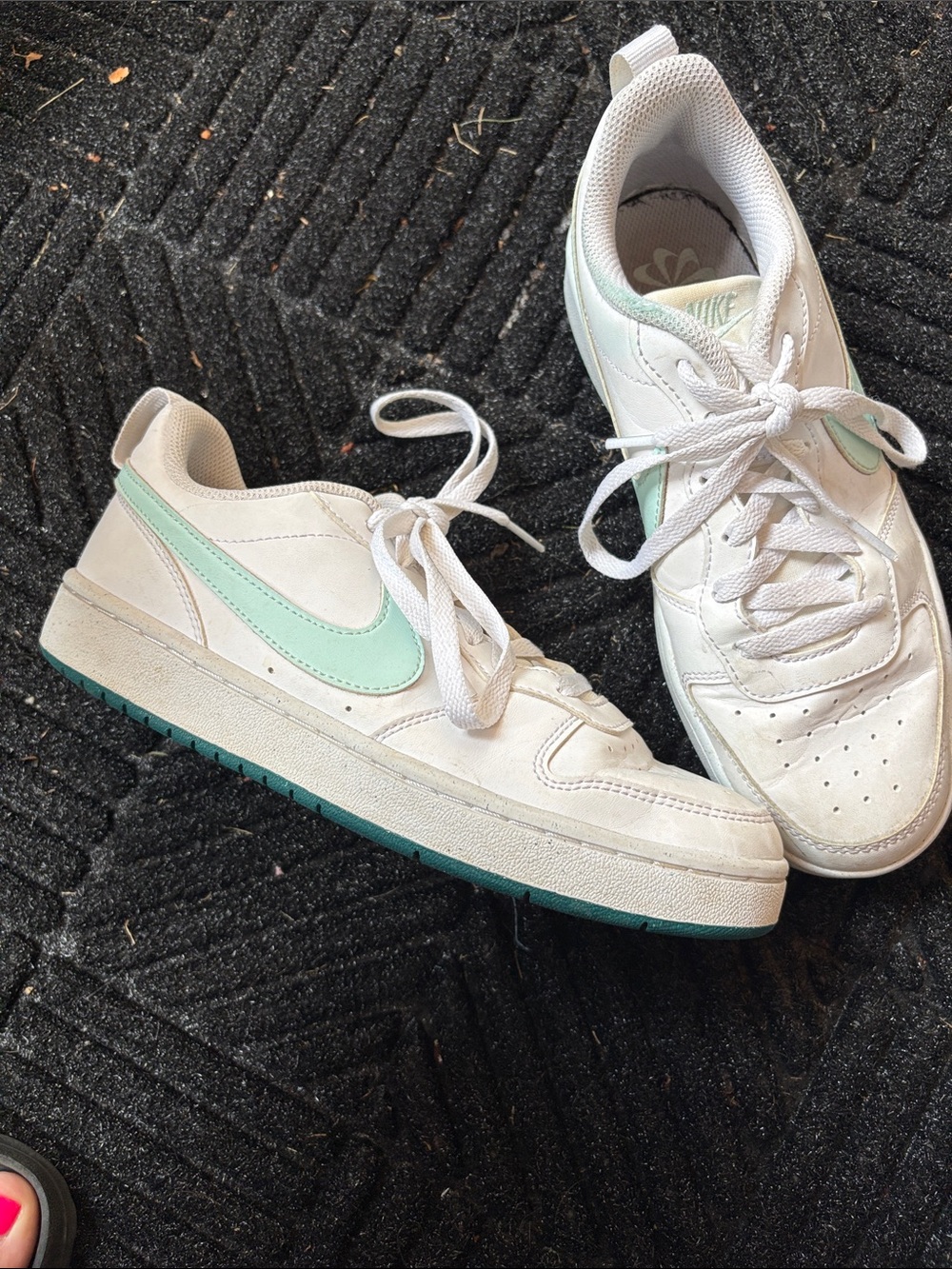 Nike Women's White Sneakers with Mint Swoosh and Teal Outsole